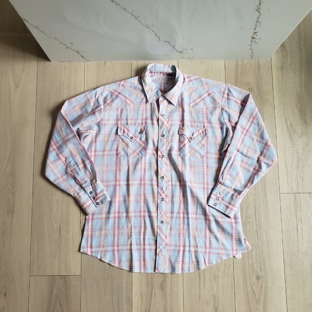 VTG H Bar C Ranchwear Western Shirt Mens 2XL Long Tail Blue Plaid Pearl Snap USA